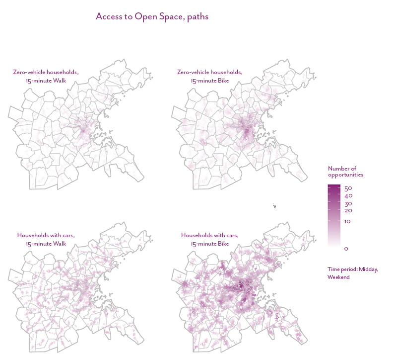 Figure 39 is a map that shows the number of off-street path opportunities accessible within a 15-minute bicycle or walk trip for zero-vehicle households and households with a vehicle in the Boston region.